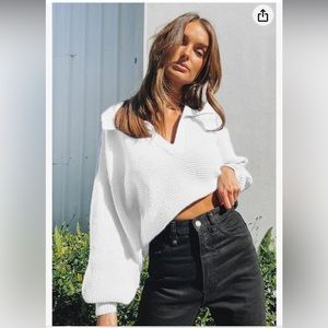 NWT CHYRII White knitted V-neck polo 
Puff long sleeve pullover sweater top , S.